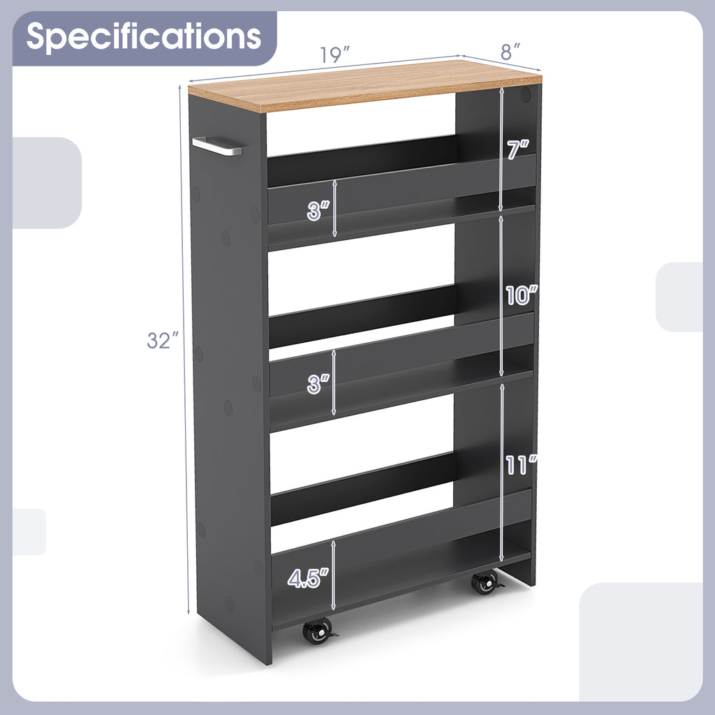 4-Tier Rolling Storage Cart Slim Kitchen Cart on Wheels with Open Shelves and Handle-Gray