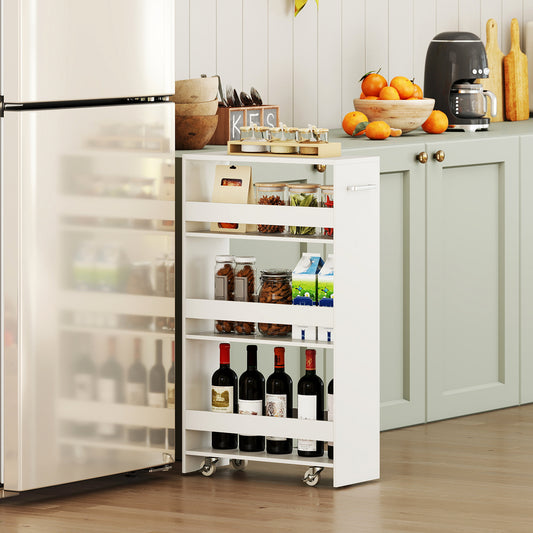 4-Tier Rolling Storage Cart Slim Kitchen Cart on Wheels with Open Shelves and Handle-White