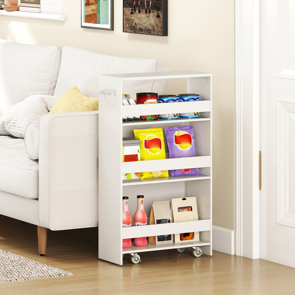 4-Tier Rolling Storage Cart Slim Kitchen Cart on Wheels with Open Shelves and Handle-White