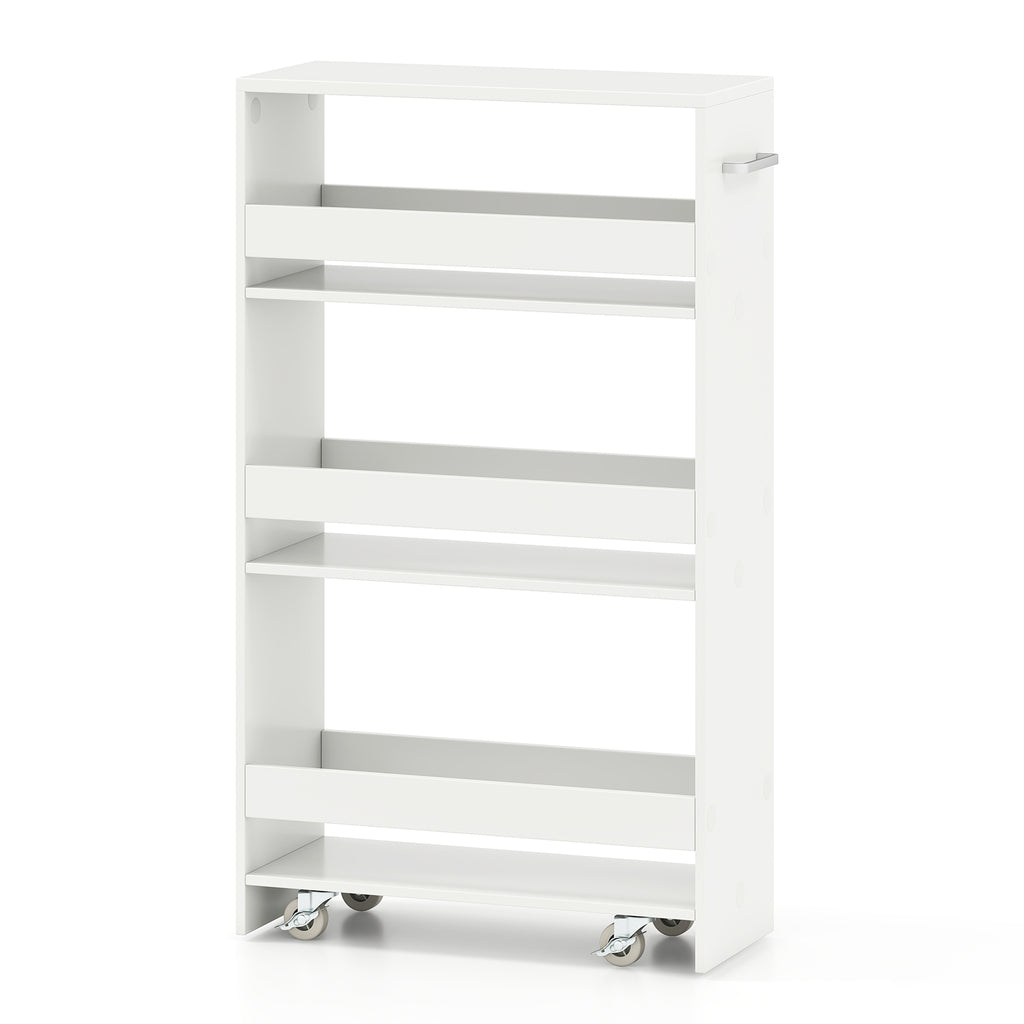 4-Tier Rolling Storage Cart Slim Kitchen Cart on Wheels with Open Shelves and Handle-White