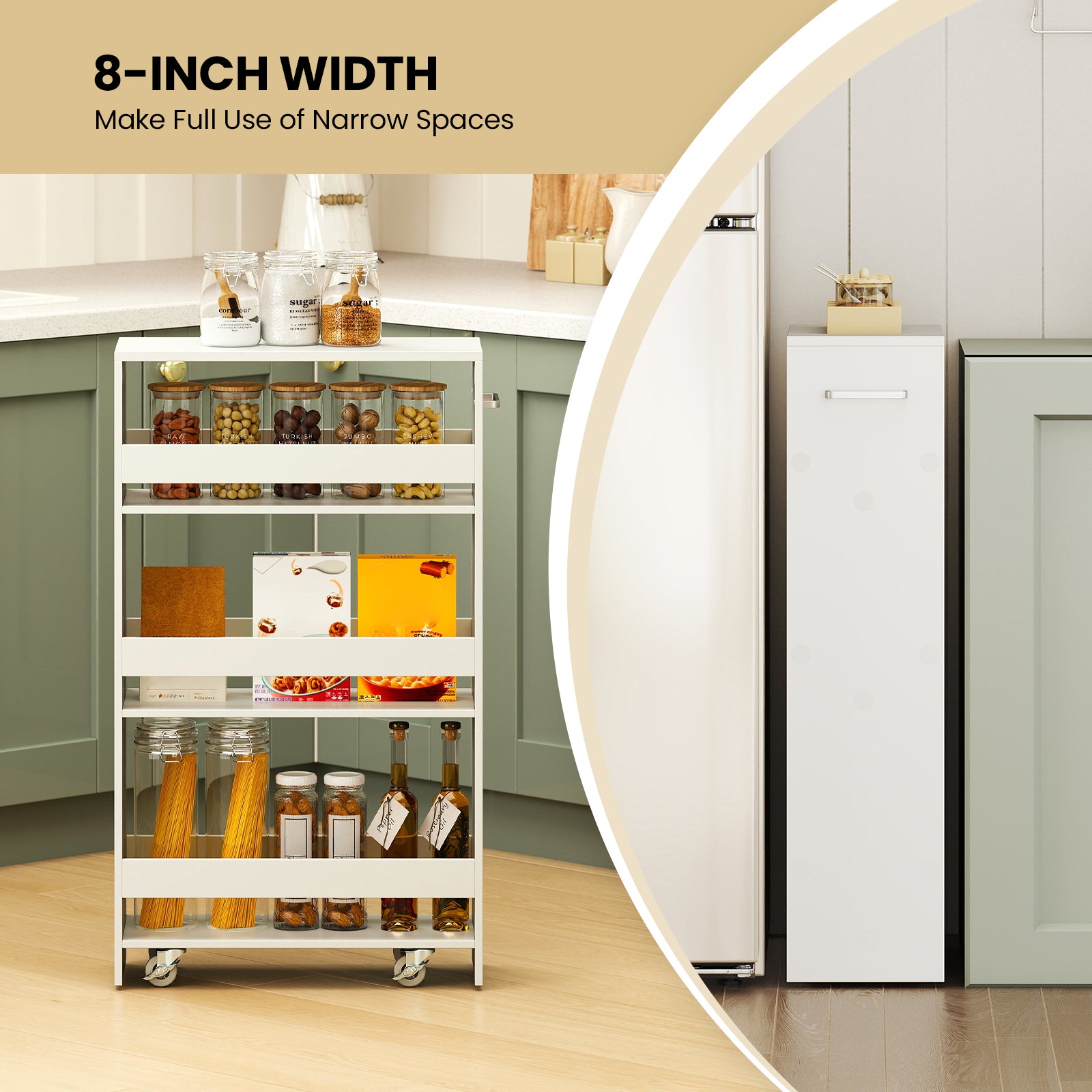 4-Tier Rolling Storage Cart Slim Kitchen Cart on Wheels with Open Shelves and Handle-White