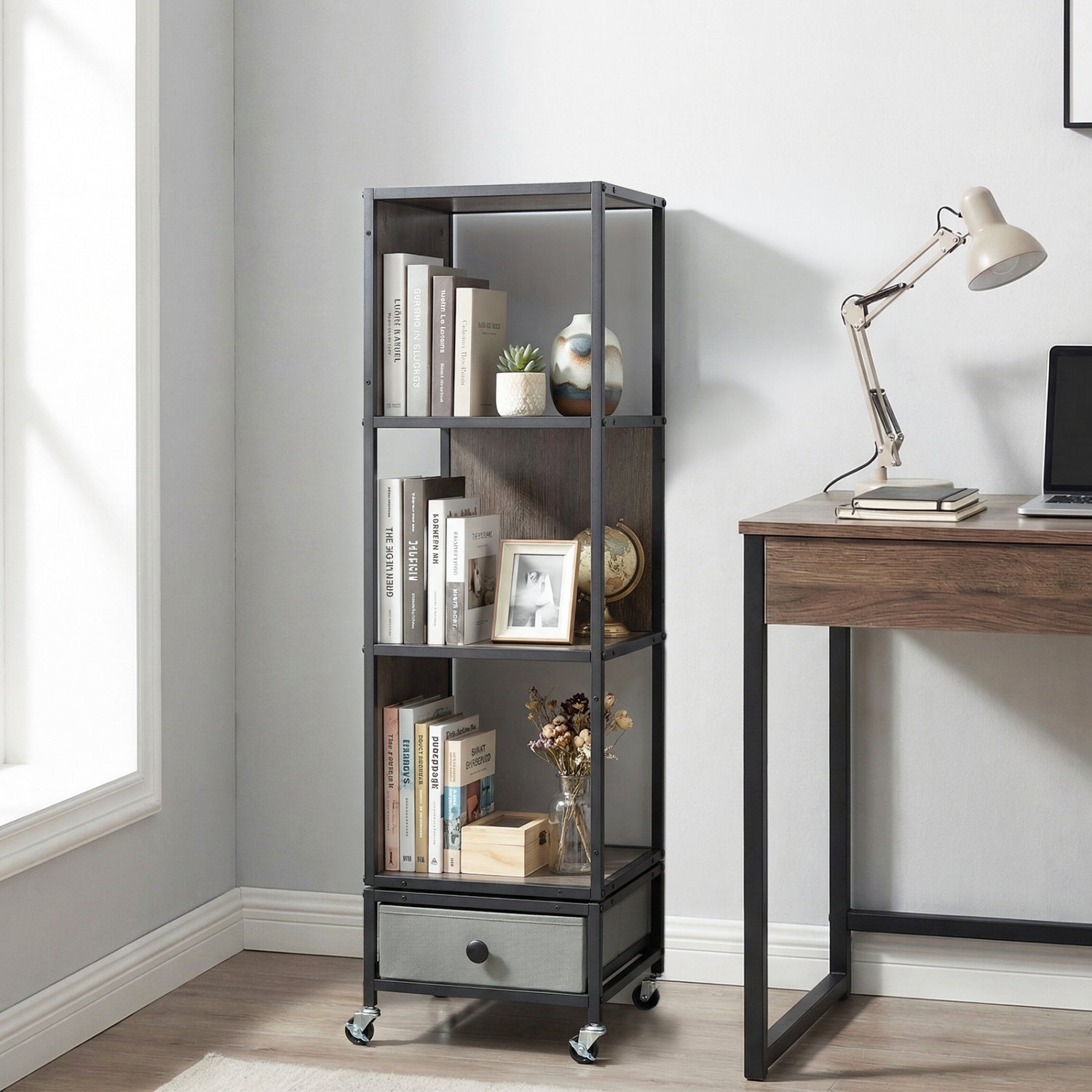 4-Tier Rotating Bookshelf on Wheels with Removable Drawer-Gray