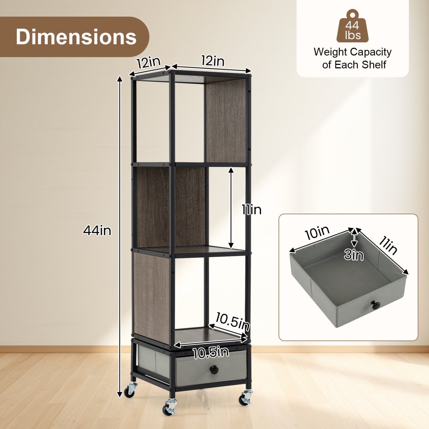 4-Tier Rotating Bookshelf on Wheels with Removable Drawer-Gray