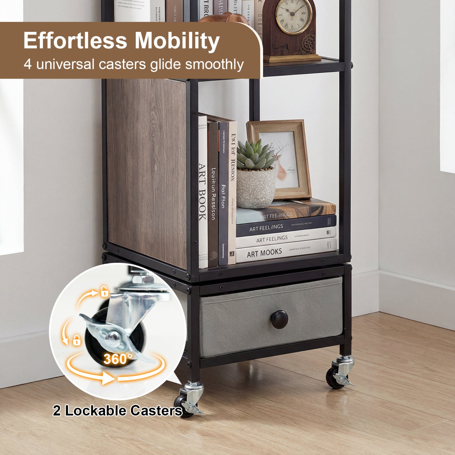 4-Tier Rotating Bookshelf on Wheels with Removable Drawer-Gray