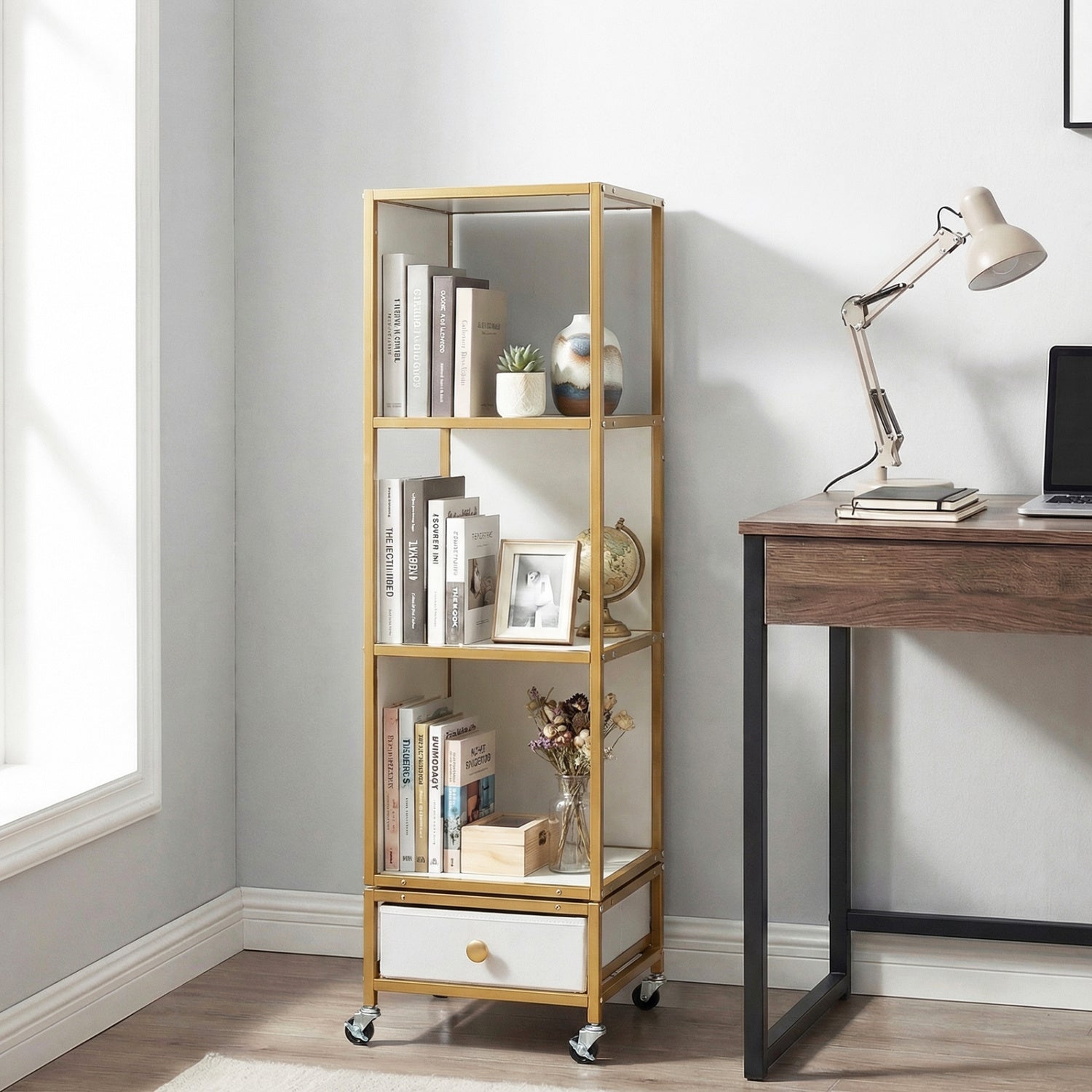 4-Tier Rotating Bookshelf on Wheels with Removable Drawer-White