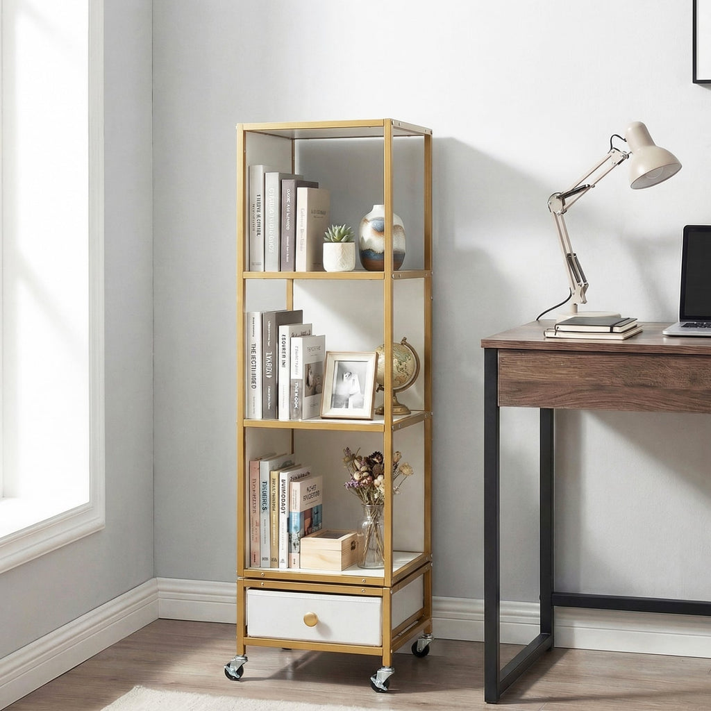 4-Tier Rotating Bookshelf on Wheels with Removable Drawer-White