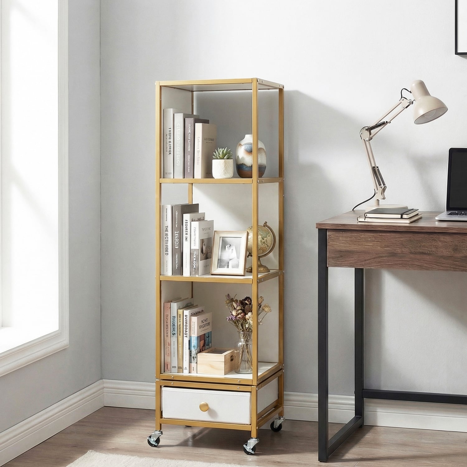 4-Tier Rotating Bookshelf on Wheels with Removable Drawer-White