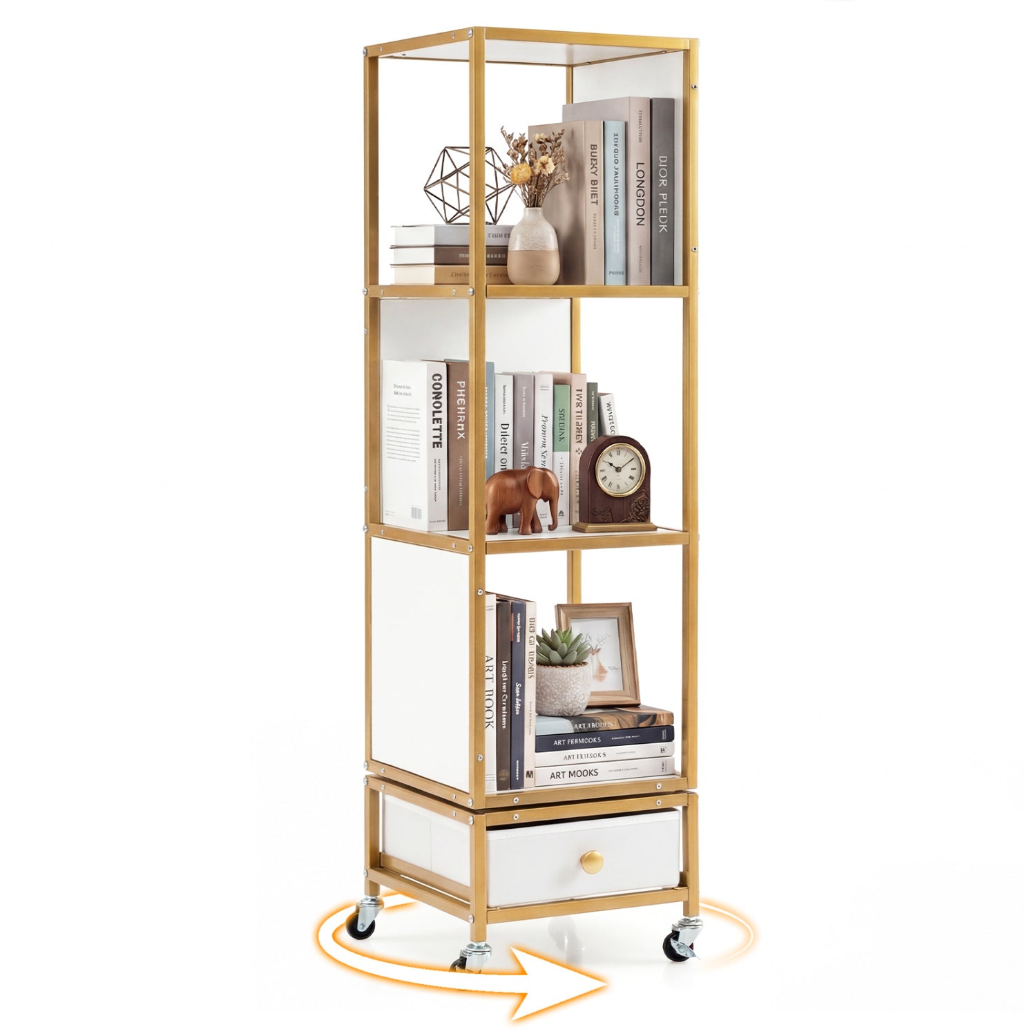 4-Tier Rotating Bookshelf on Wheels with Removable Drawer-White