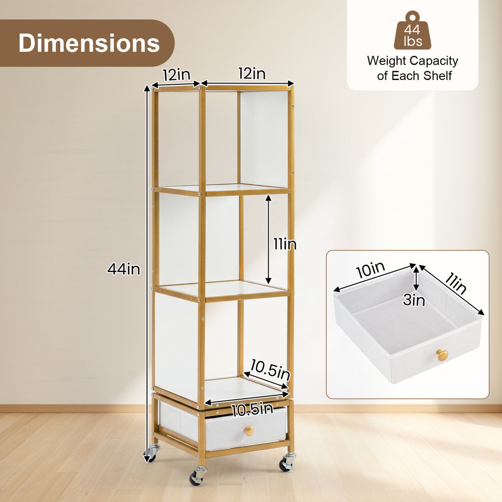 4-Tier Rotating Bookshelf on Wheels with Removable Drawer-White