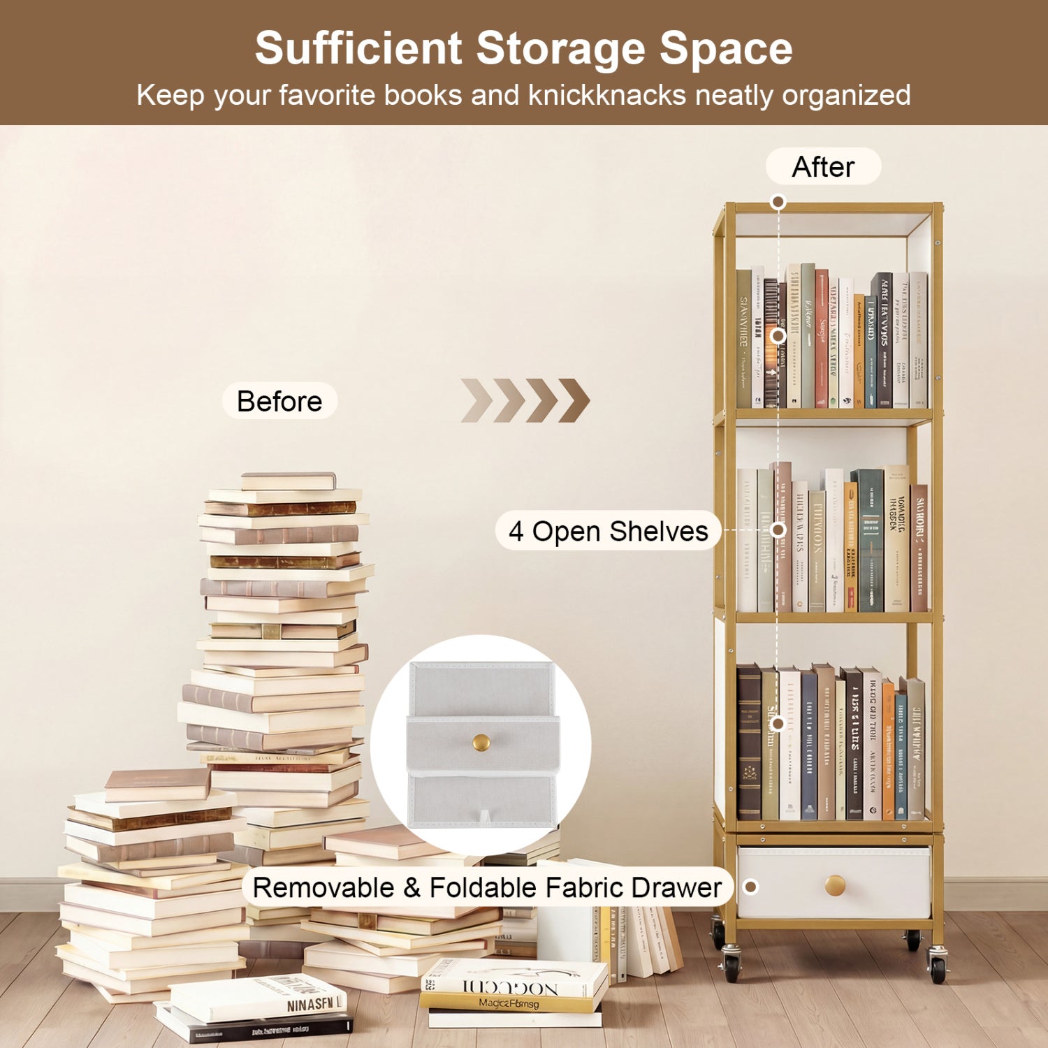 4-Tier Rotating Bookshelf on Wheels with Removable Drawer-White