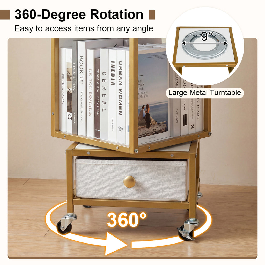 4-Tier Rotating Bookshelf on Wheels with Removable Drawer-White