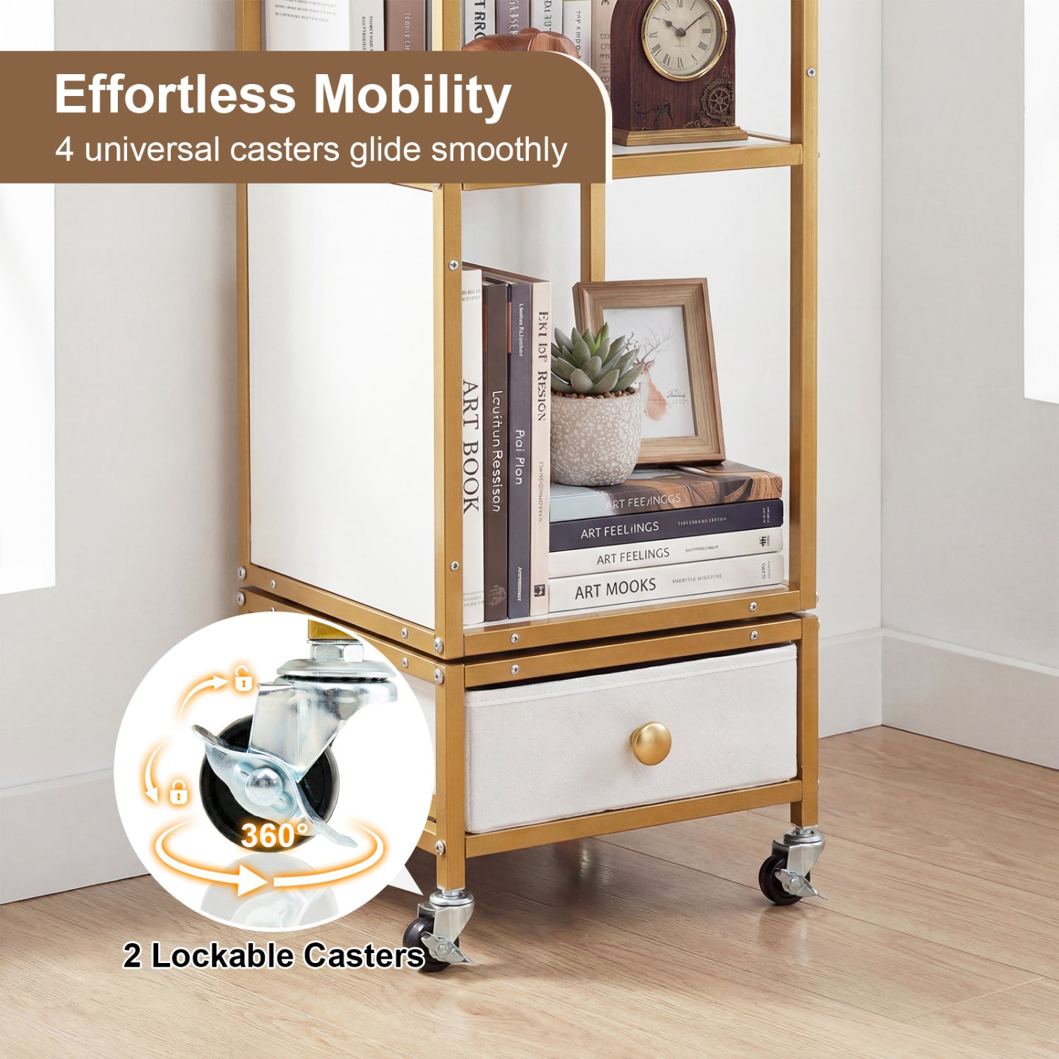 4-Tier Rotating Bookshelf on Wheels with Removable Drawer-White