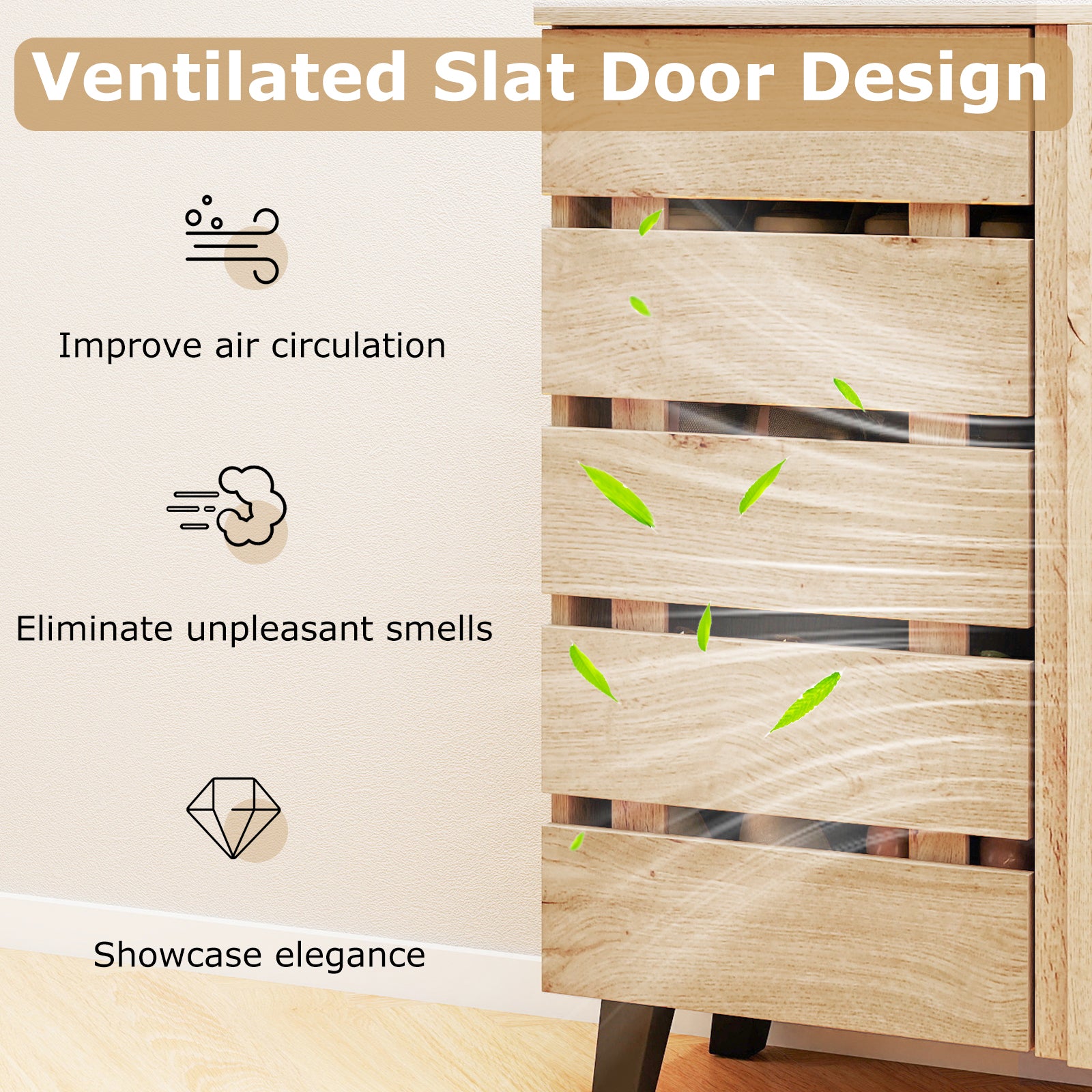 4-Tier Shoe Cabinet 2-Door Storage Organizer with Louvered Door-Natural