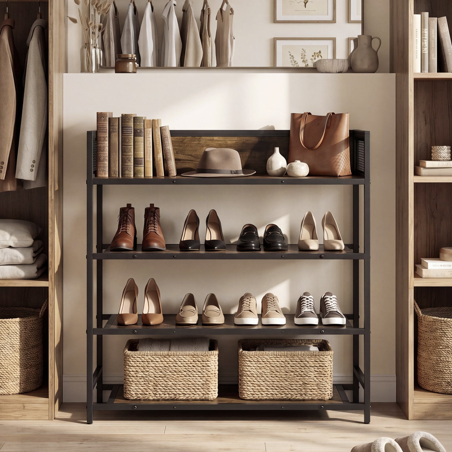 4-Tier Shoe Rack Industrial Shoe Organizer with Heavy Duty Metal Frame-Rustic Brown