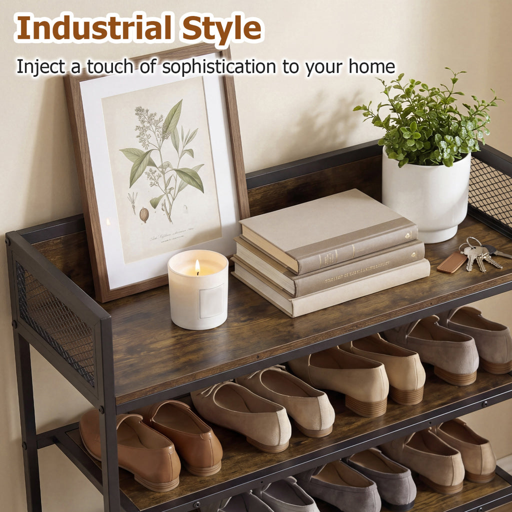 4-Tier Shoe Rack Industrial Shoe Organizer with Heavy Duty Metal Frame-Rustic Brown