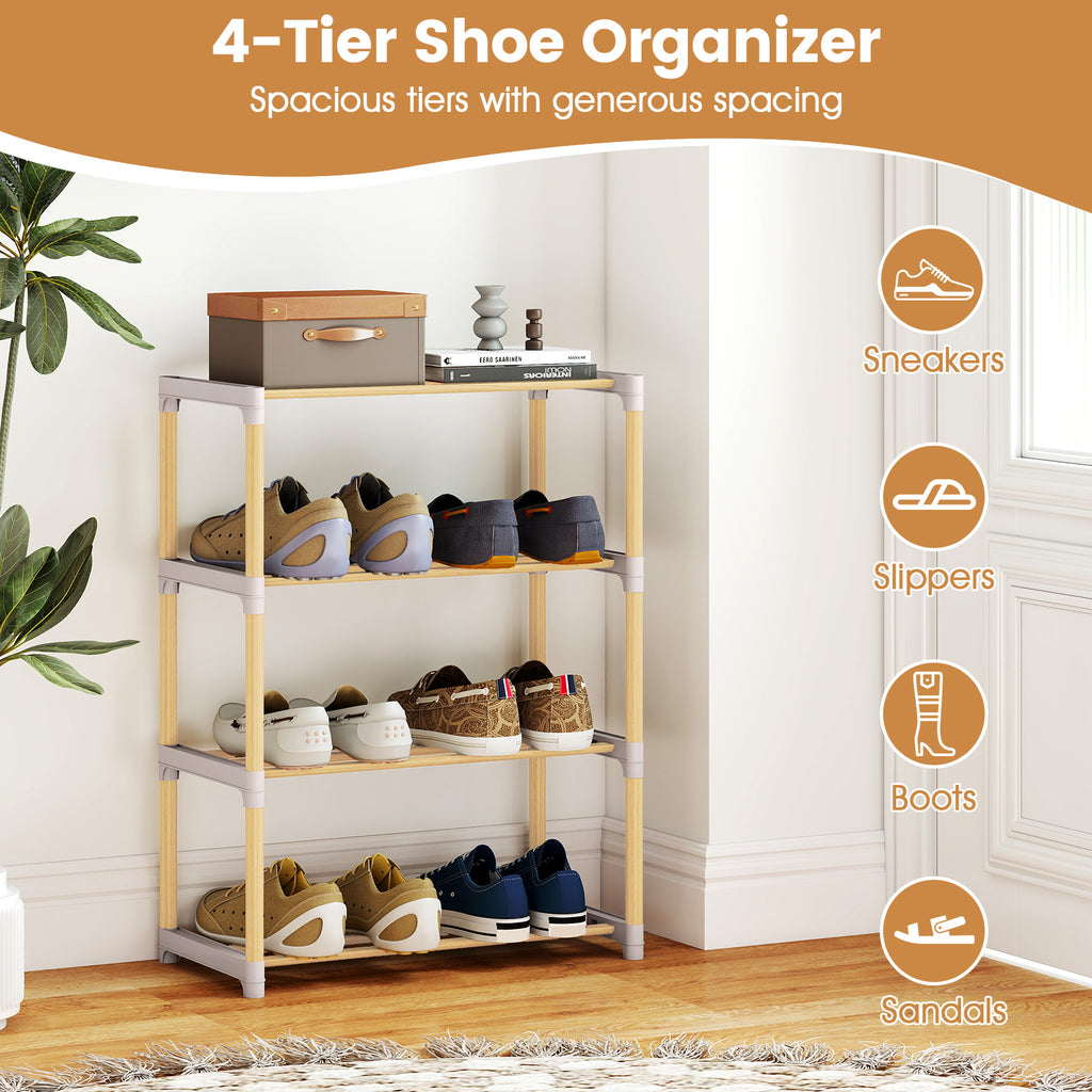 4-Tier Solid Wood Shoe Rack with Slatted Open Shelves-Gray