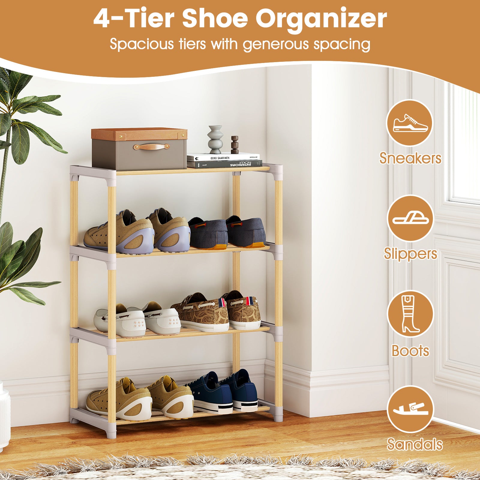 4-Tier Solid Wood Shoe Rack with Slatted Open Shelves-Gray