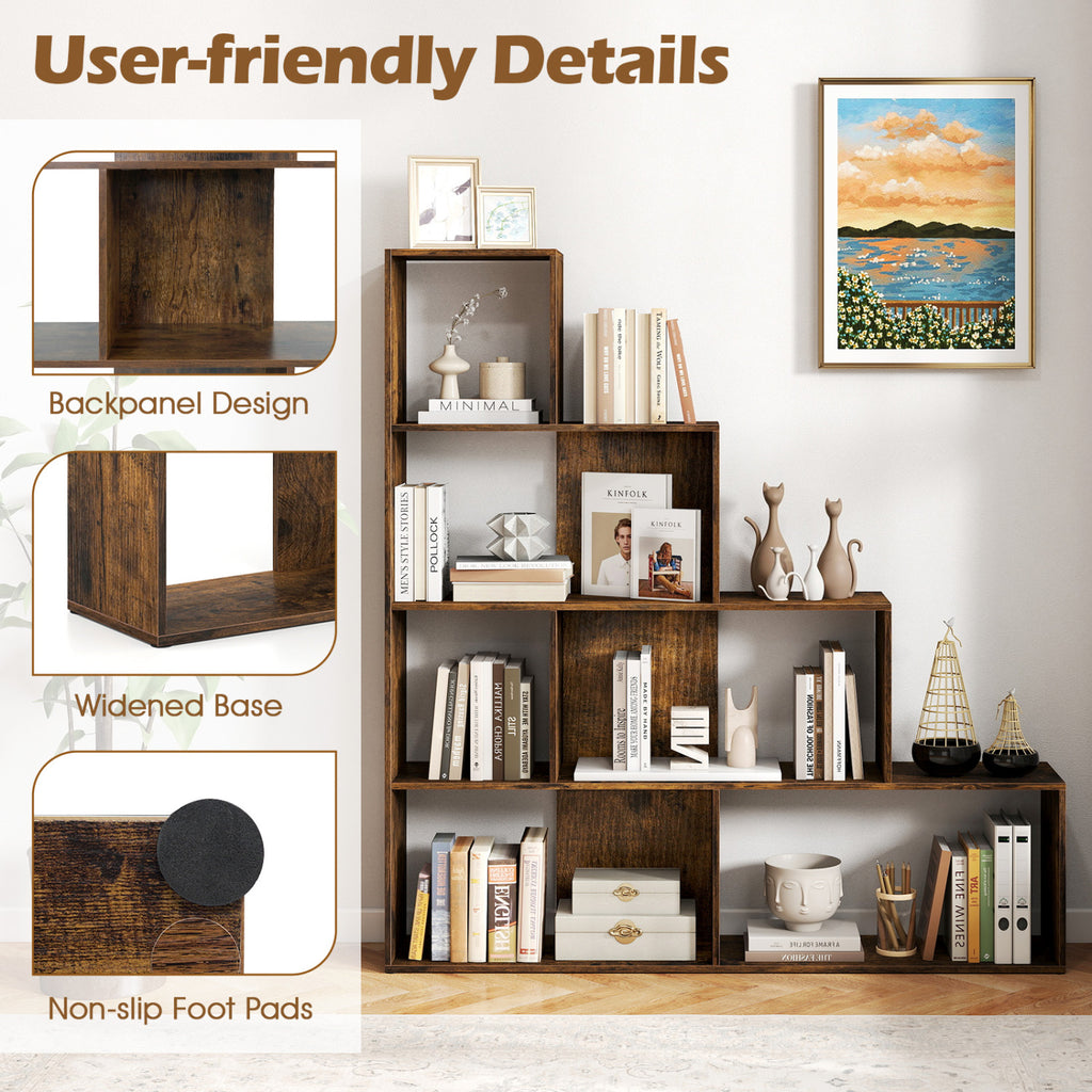 4-Tier Stepped Bookshelf Freestanding Ladder Storage Shelf with 6 Cubes-Rustic Brown