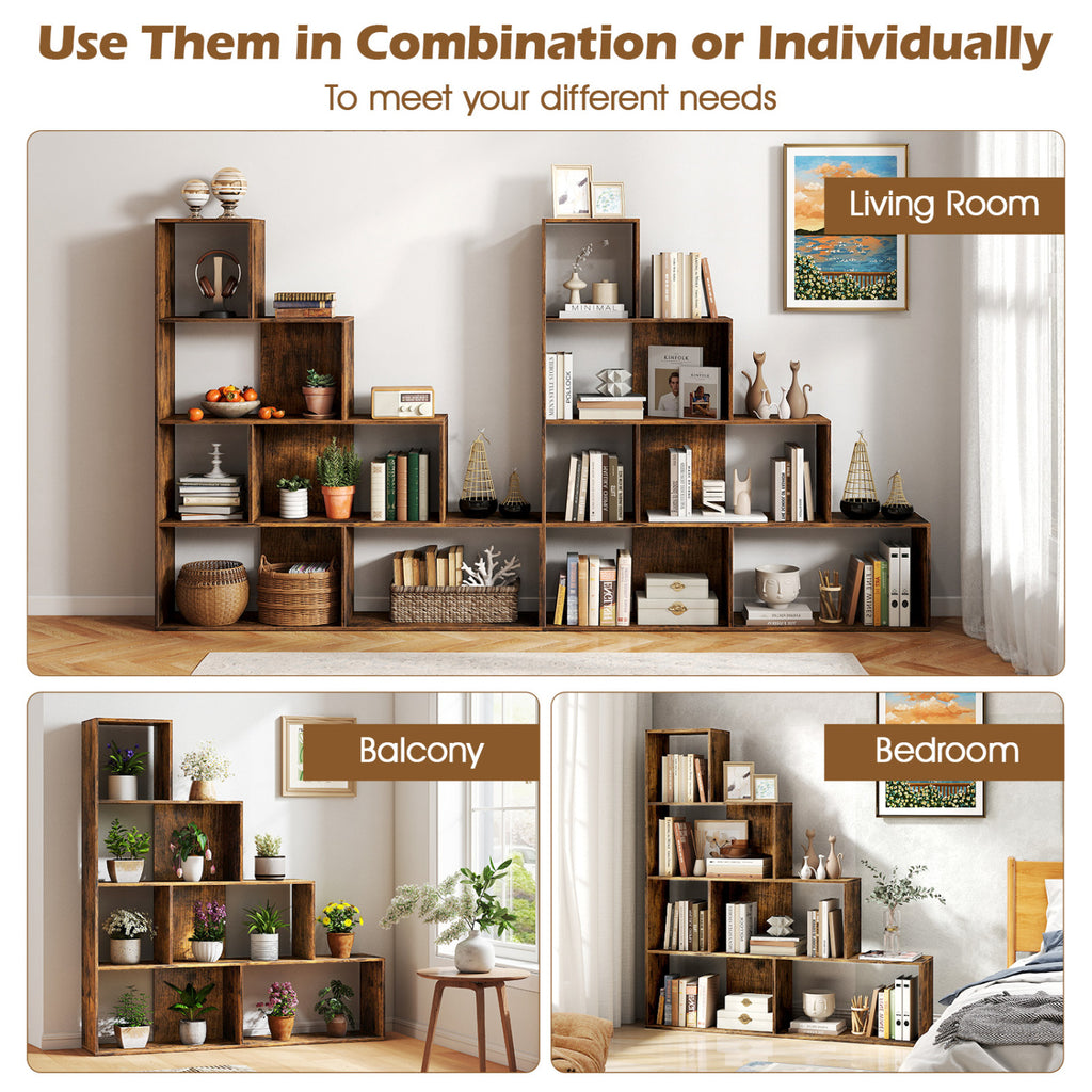 4-Tier Stepped Bookshelf Freestanding Ladder Storage Shelf with 6 Cubes-Rustic Brown