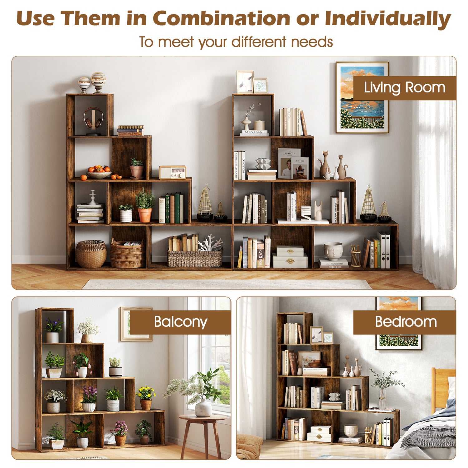 4-Tier Stepped Bookshelf Freestanding Ladder Storage Shelf with 6 Cubes-Rustic Brown