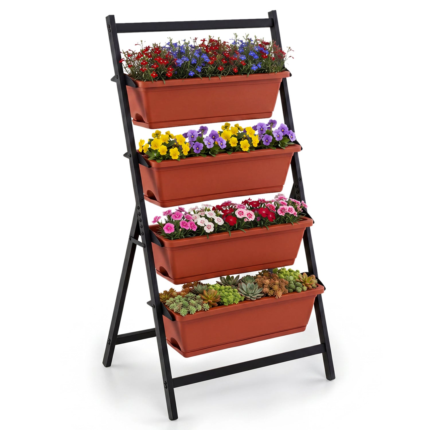 4-Tier Vertical Raised Garden Bed with Drainage Holes and 4 Containers-Red