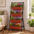 4-Tier Vertical Raised Garden Bed with Drainage Holes and 4 Containers-Red
