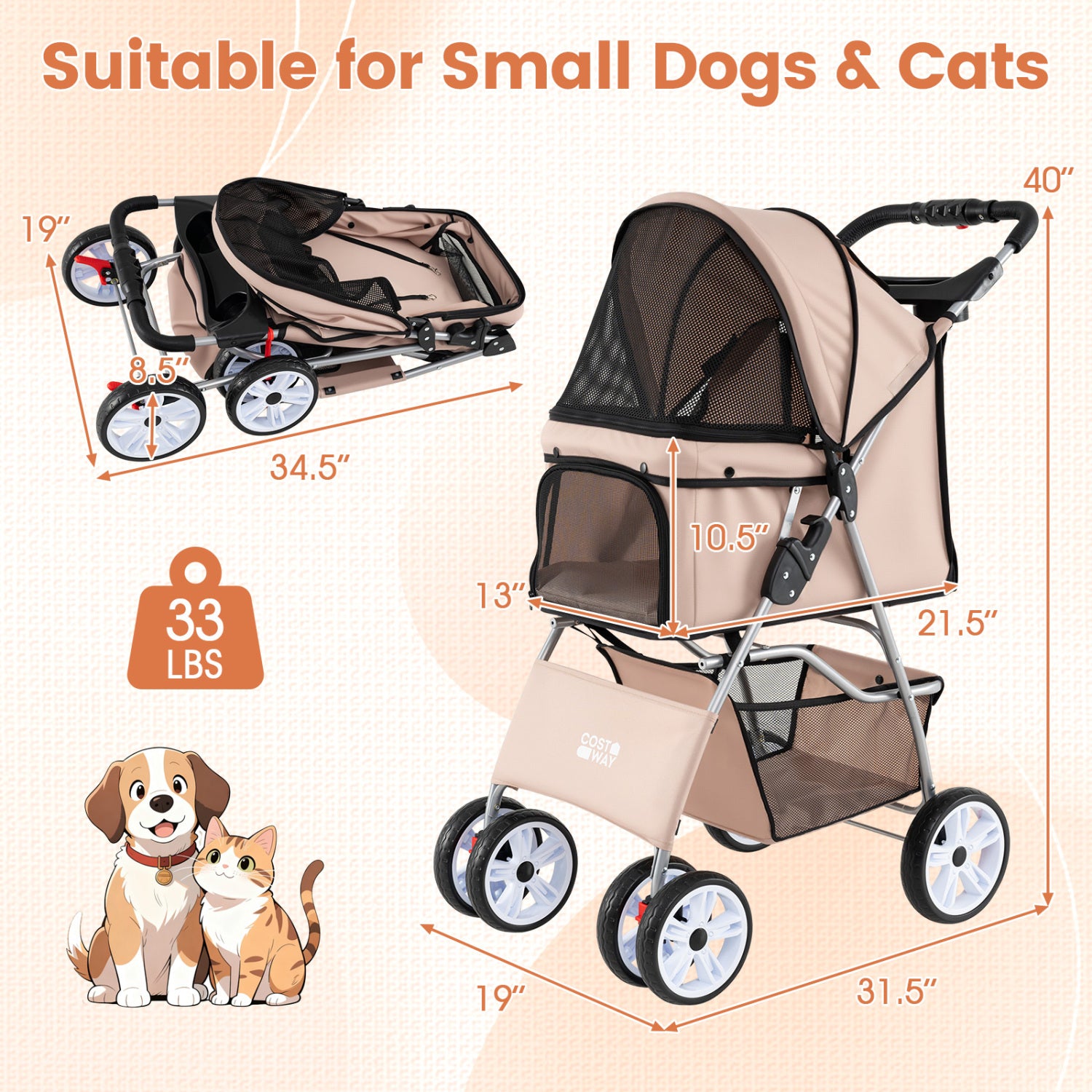 4 Wheel Pet Stroller for Small Dogs Cats up to 33 LBS-Beige