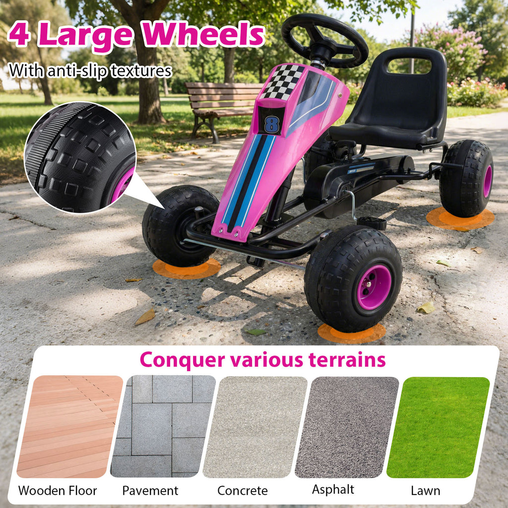 4-Wheel Ride On Toy Pedal Go Kart for Kids with Steering Wheel and Safe Handbrake-Pink
