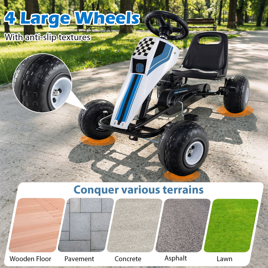 4-Wheel Ride On Toy Pedal Go Kart for Kids with Steering Wheel and Safe Handbrake-White