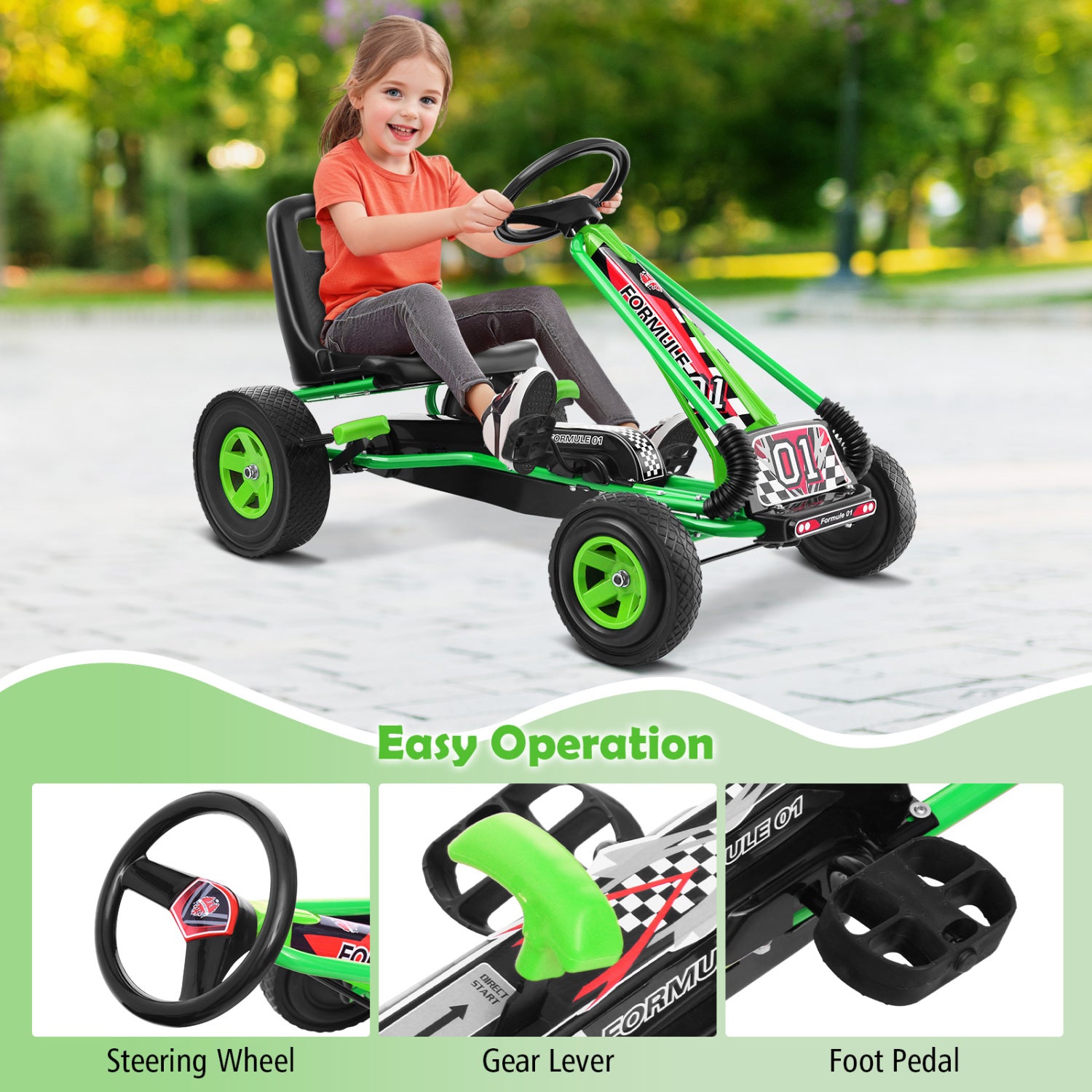 4 Wheels Kids Ride On Pedal Powered Bike Go Kart Racer Car Outdoor Play Toy-Green