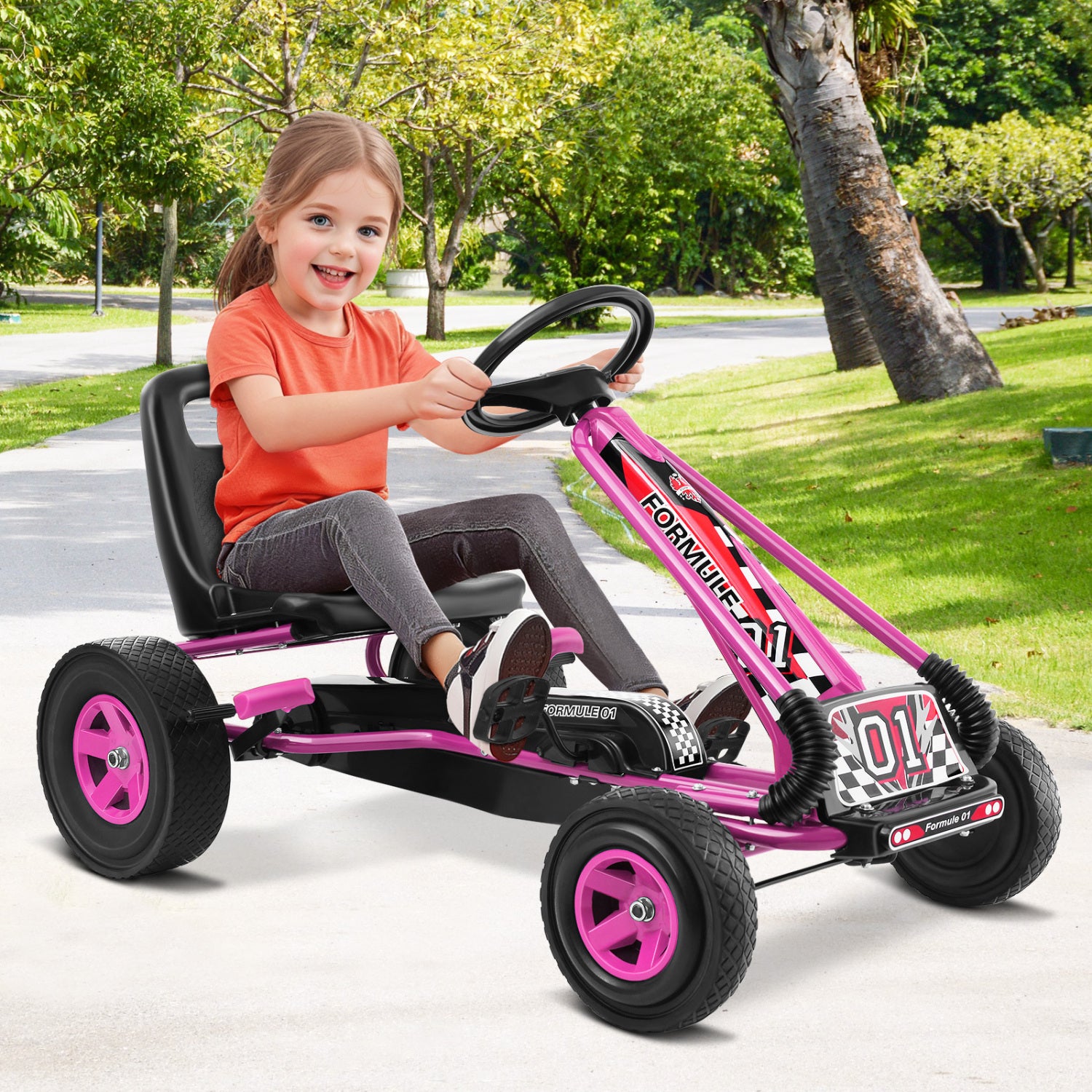 4 Wheels Kids Ride On Pedal Powered Bike Go Kart Racer Car Outdoor Play Toy-Pink