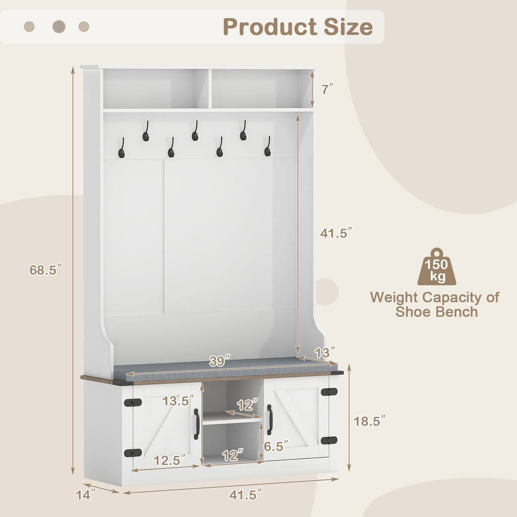 4-in-1 68.5 Inch Tall Coat Rack with Cushioned Bench and Shoe Storage-White