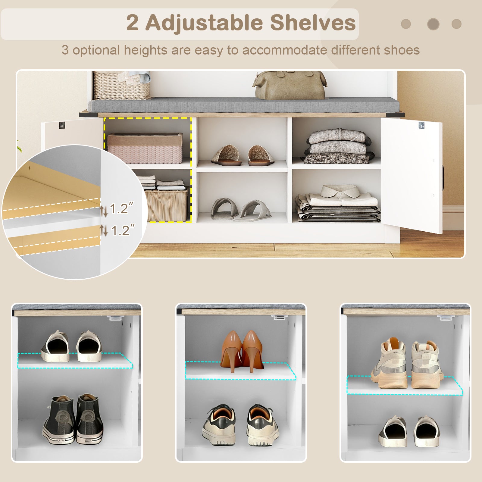 4-in-1 68.5 Inch Tall Coat Rack with Cushioned Bench and Shoe Storage-White