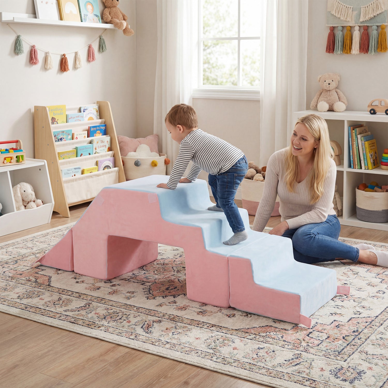4-in-1 Foam Climbing Blocks Toddler Indoor Climb with Slide-Pink