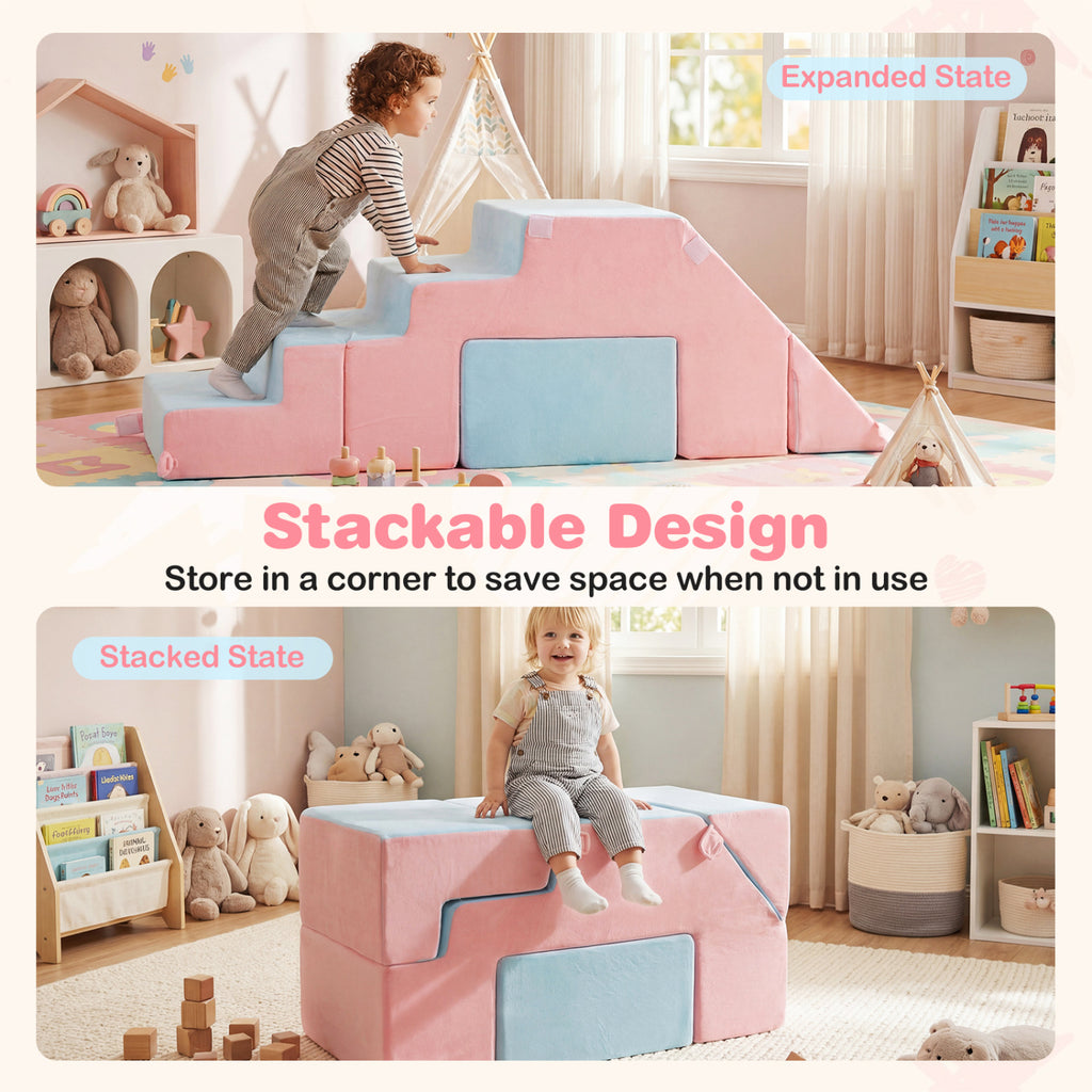 4-in-1 Foam Climbing Blocks Toddler Indoor Climb with Slide-Pink
