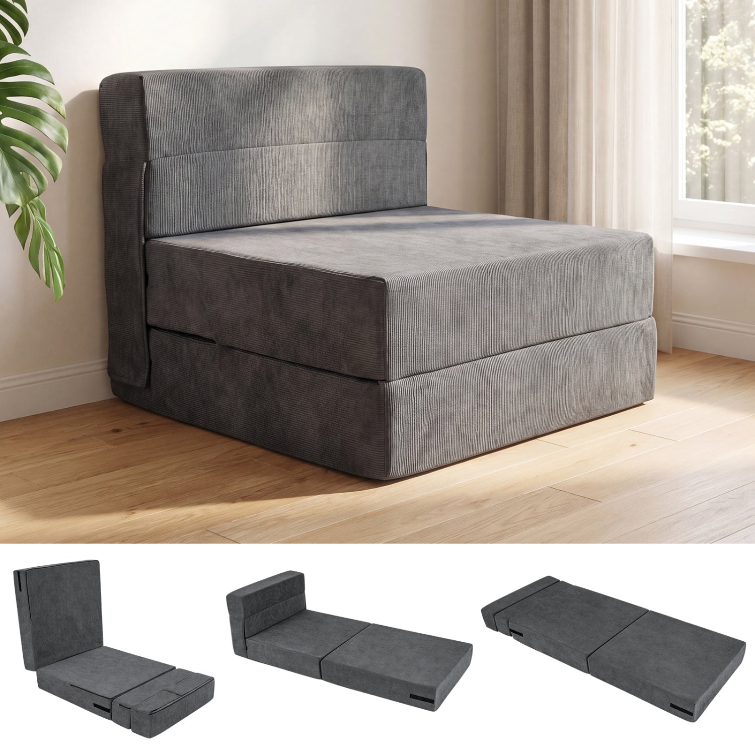 4-in-1 Folding Sofa Bed with Corduroy Cover and Smooth Zipper for Living Room-Gray