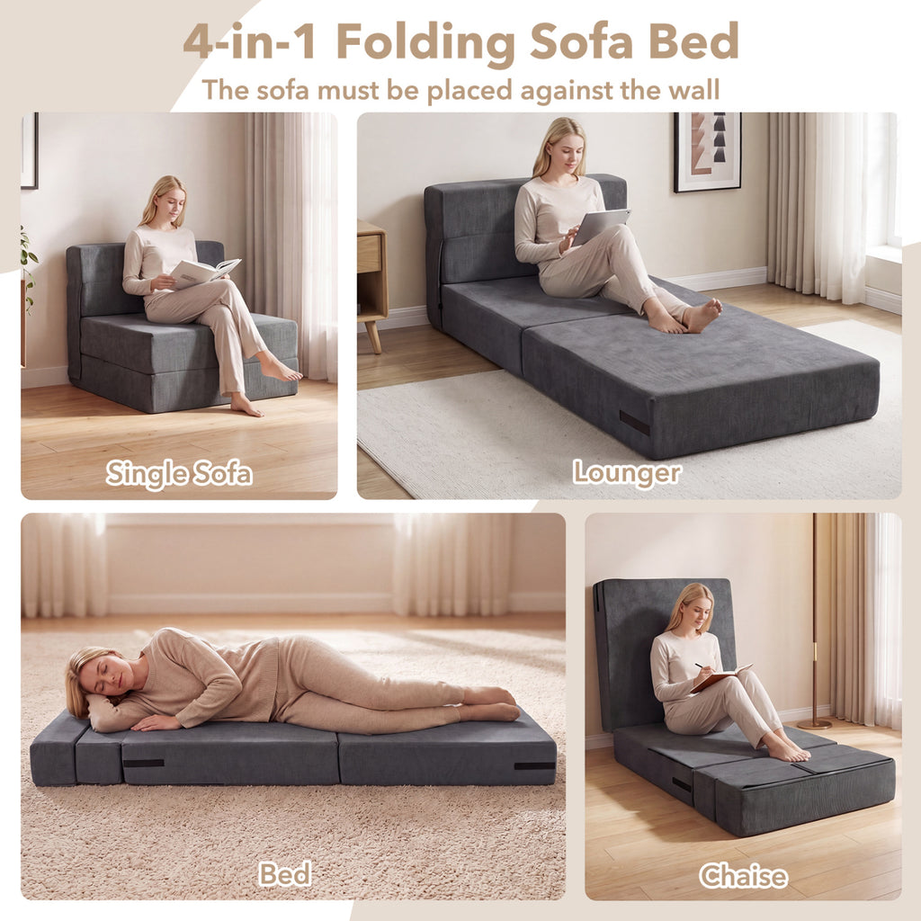 4-in-1 Folding Sofa Bed with Corduroy Cover and Smooth Zipper for Living Room-Gray