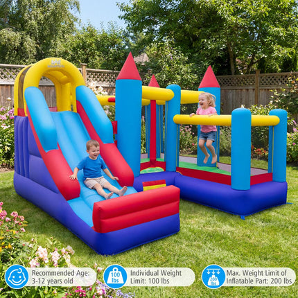 4-in-1 Kids Bouncer with Long Slide and Jumping Area for Yard and Lawn with 680W Blower