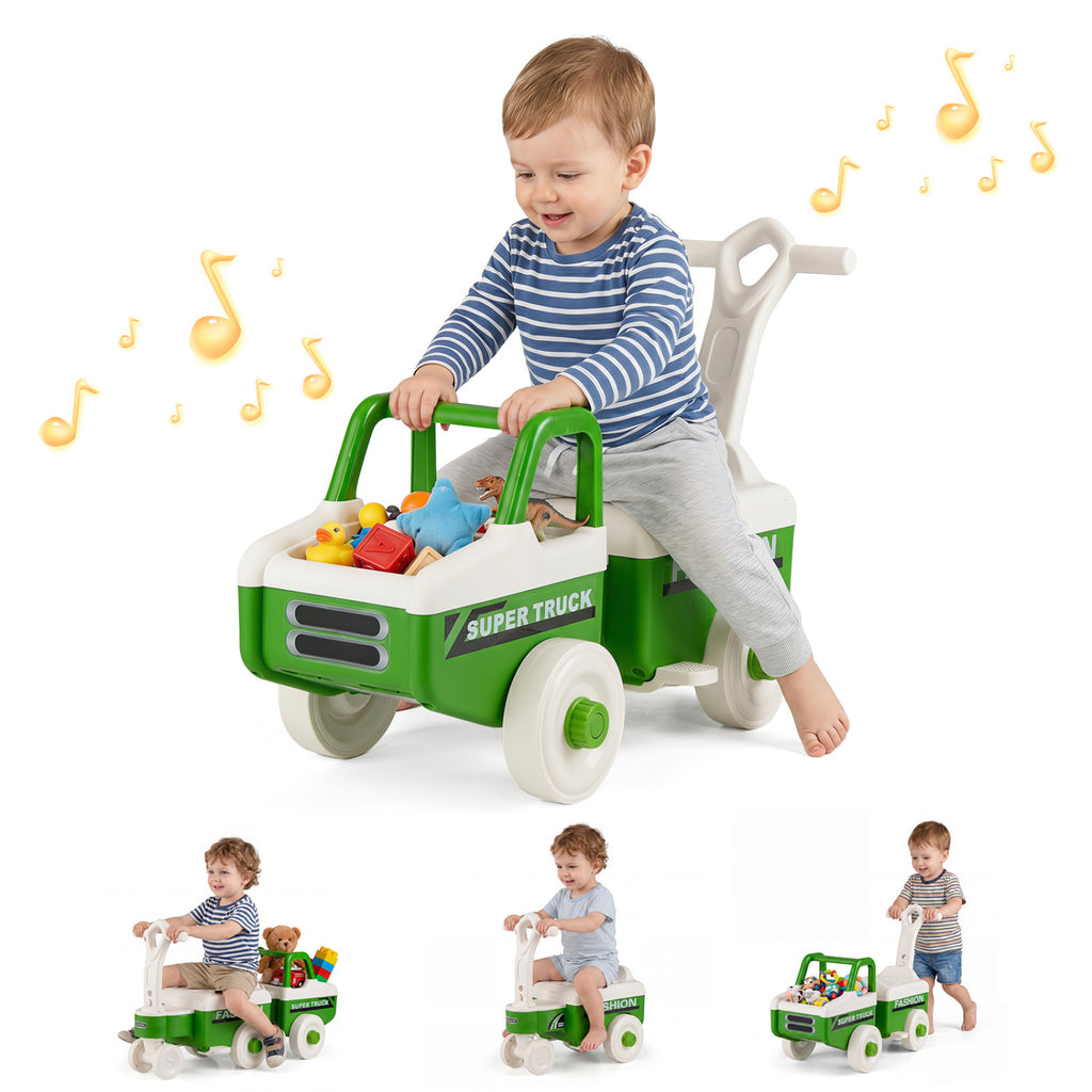 4 in 1 Ride on Push Car with Music and Under-Seat Storage for Boys Girls-Green