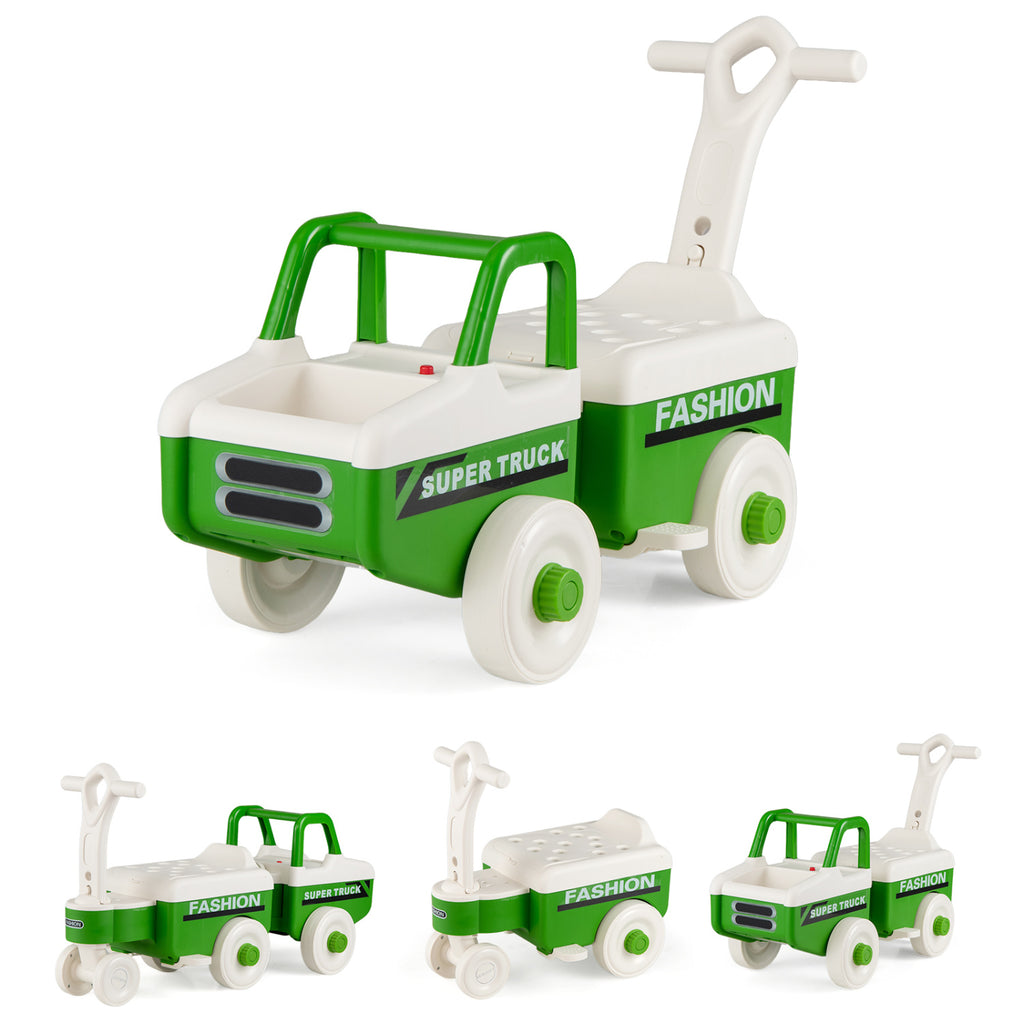 4 in 1 Ride on Push Car with Music and Under-Seat Storage for Boys Girls-Green