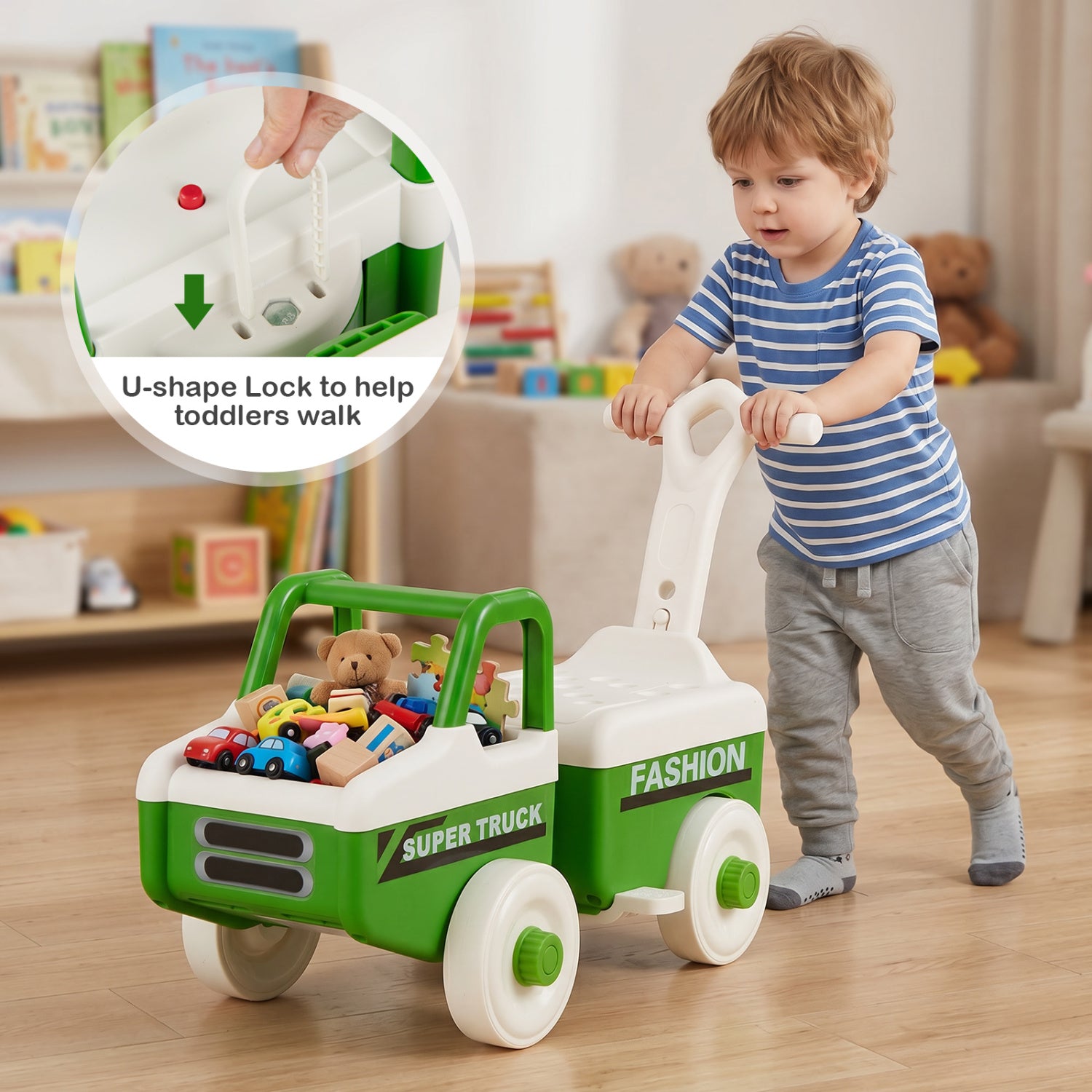 4 in 1 Ride on Push Car with Music and Under-Seat Storage for Boys Girls-Green