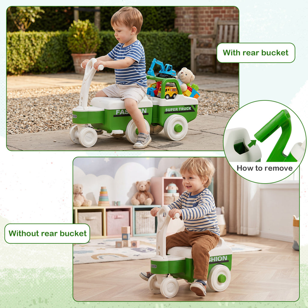 4 in 1 Ride on Push Car with Music and Under-Seat Storage for Boys Girls-Green