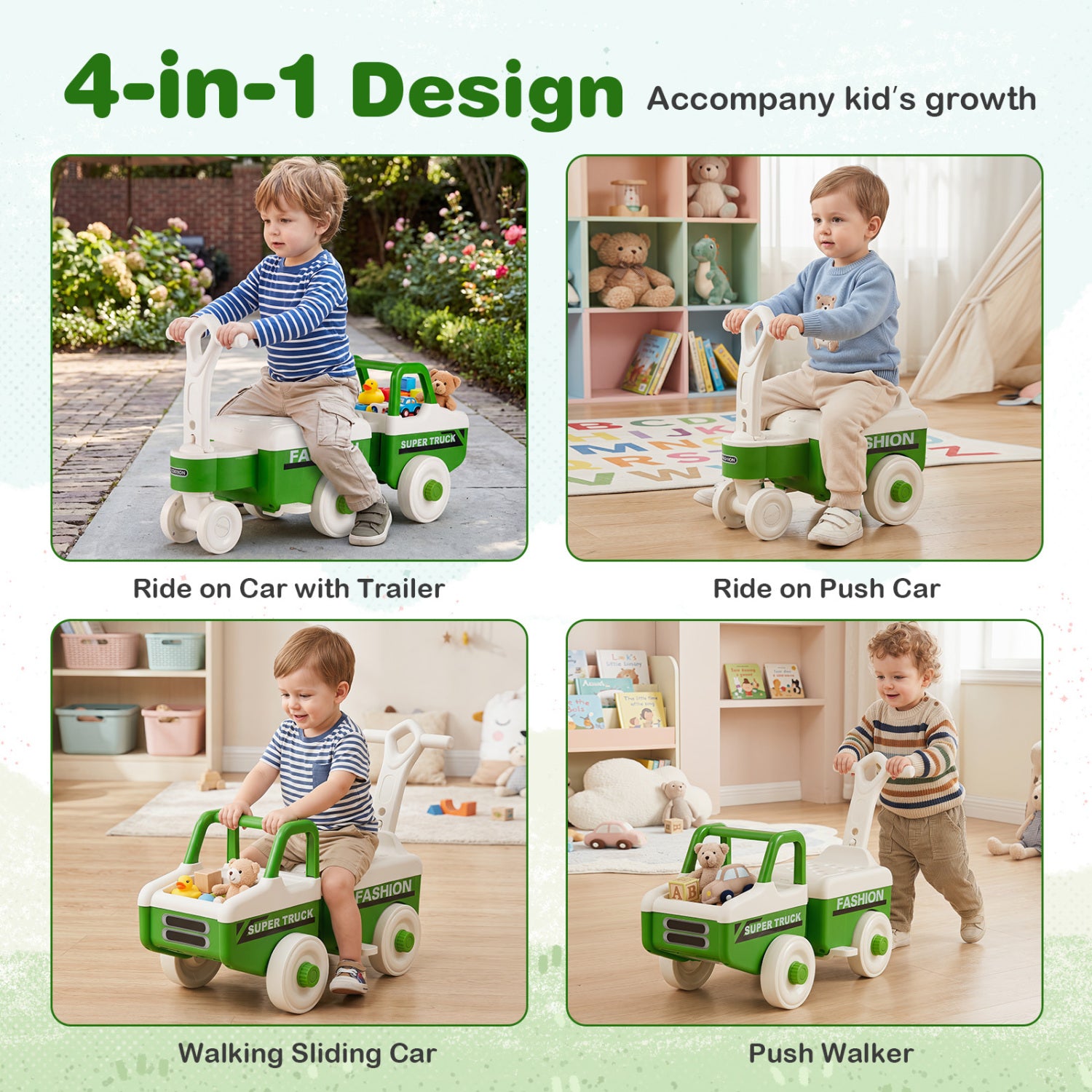4 in 1 Ride on Push Car with Music and Under-Seat Storage for Boys Girls-Green