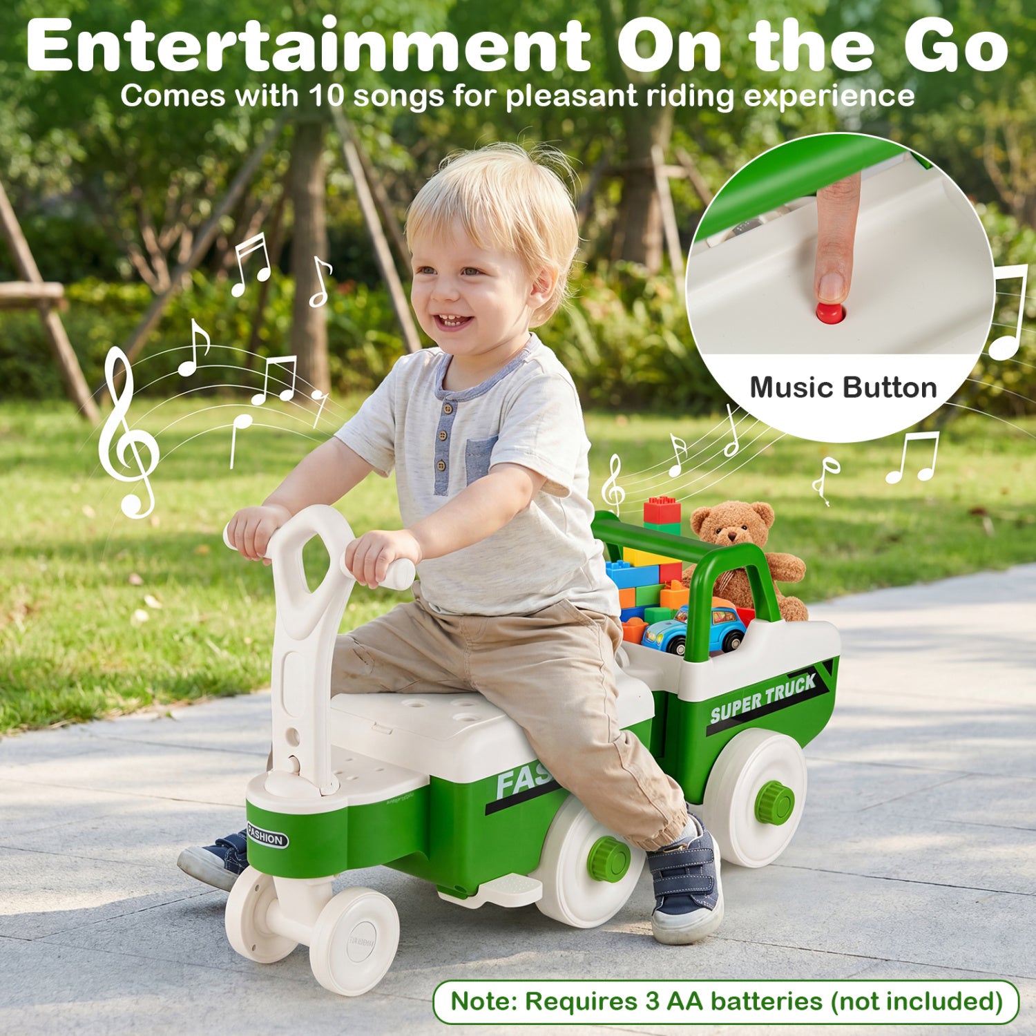4 in 1 Ride on Push Car with Music and Under-Seat Storage for Boys Girls-Green