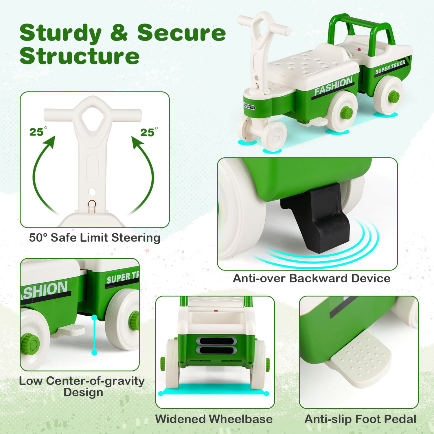 4 in 1 Ride on Push Car with Music and Under-Seat Storage for Boys Girls-Green