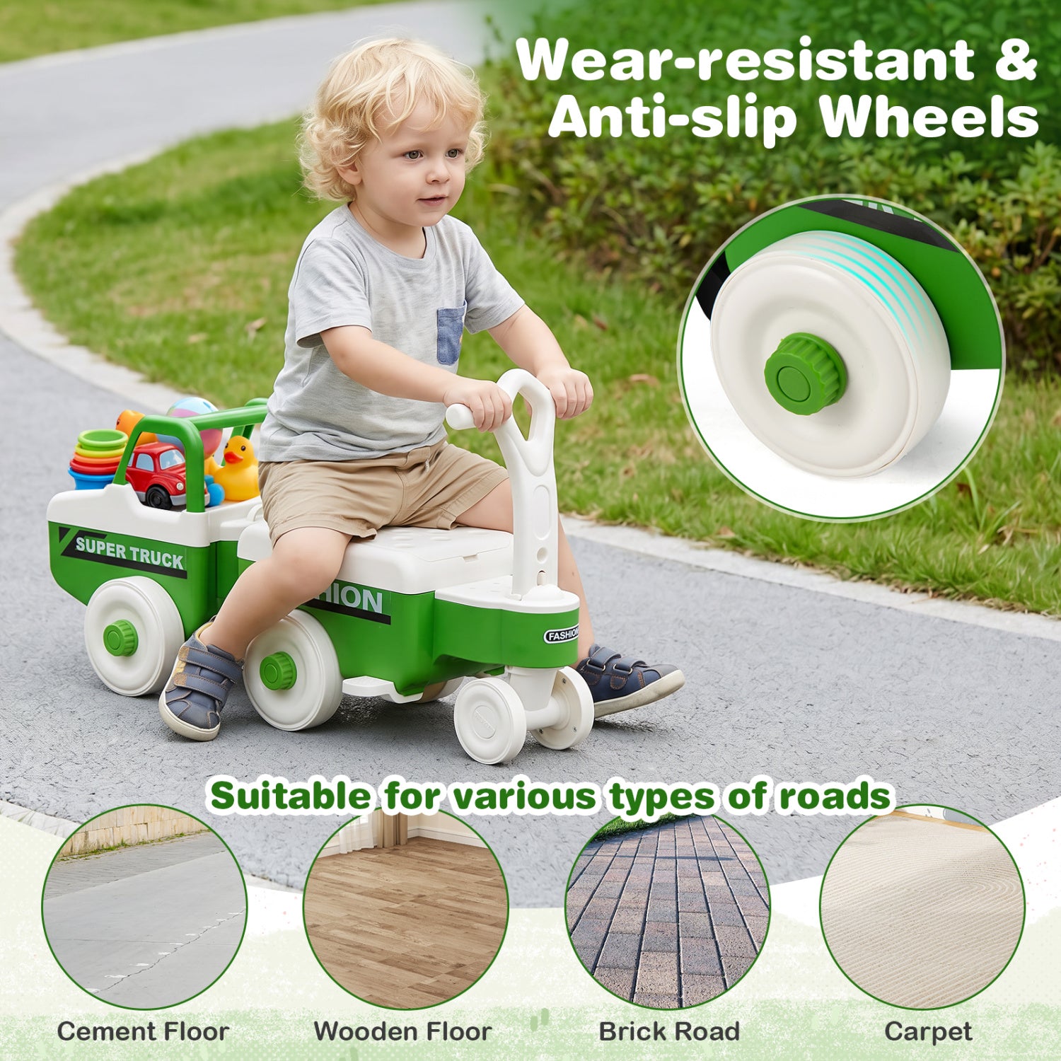 4 in 1 Ride on Push Car with Music and Under-Seat Storage for Boys Girls-Green