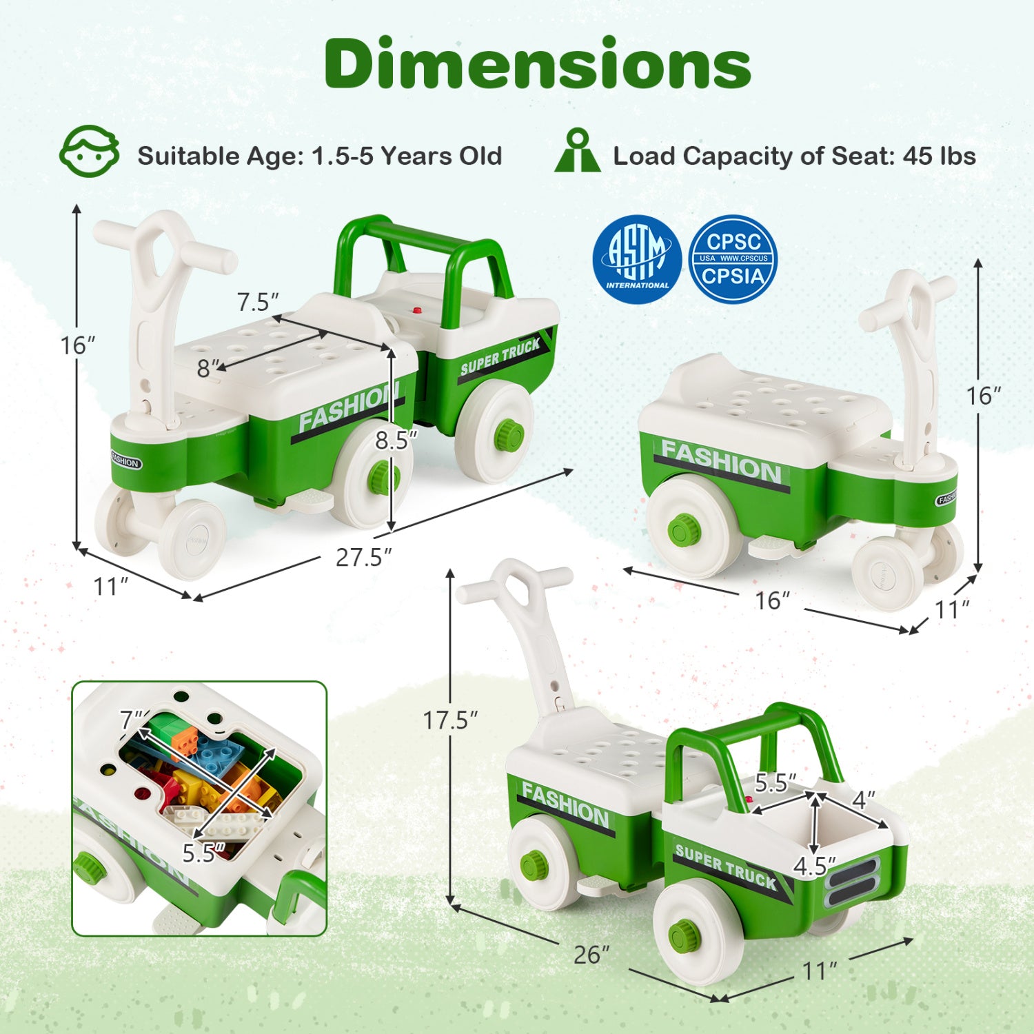 4 in 1 Ride on Push Car with Music and Under-Seat Storage for Boys Girls-Green