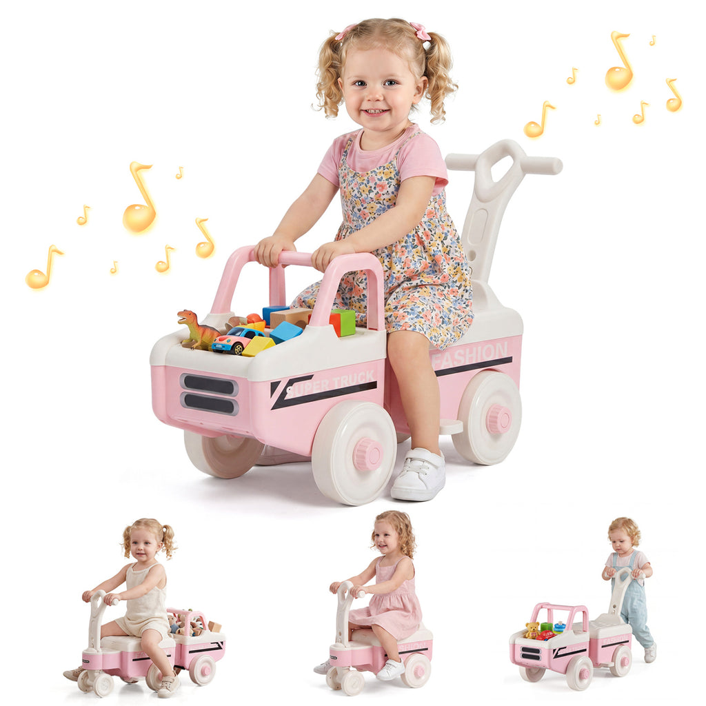 4 in 1 Ride on Push Car with Music and Under-Seat Storage for Boys Girls-Pink