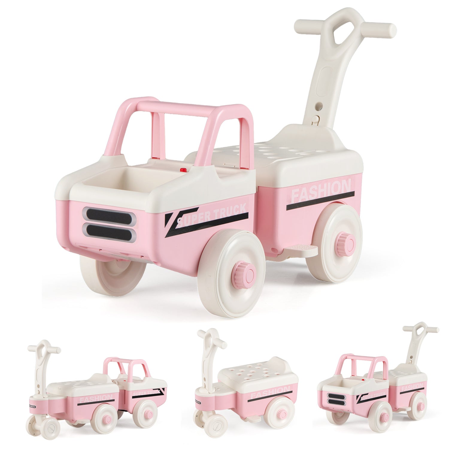 4 in 1 Ride on Push Car with Music and Under-Seat Storage for Boys Girls-Pink