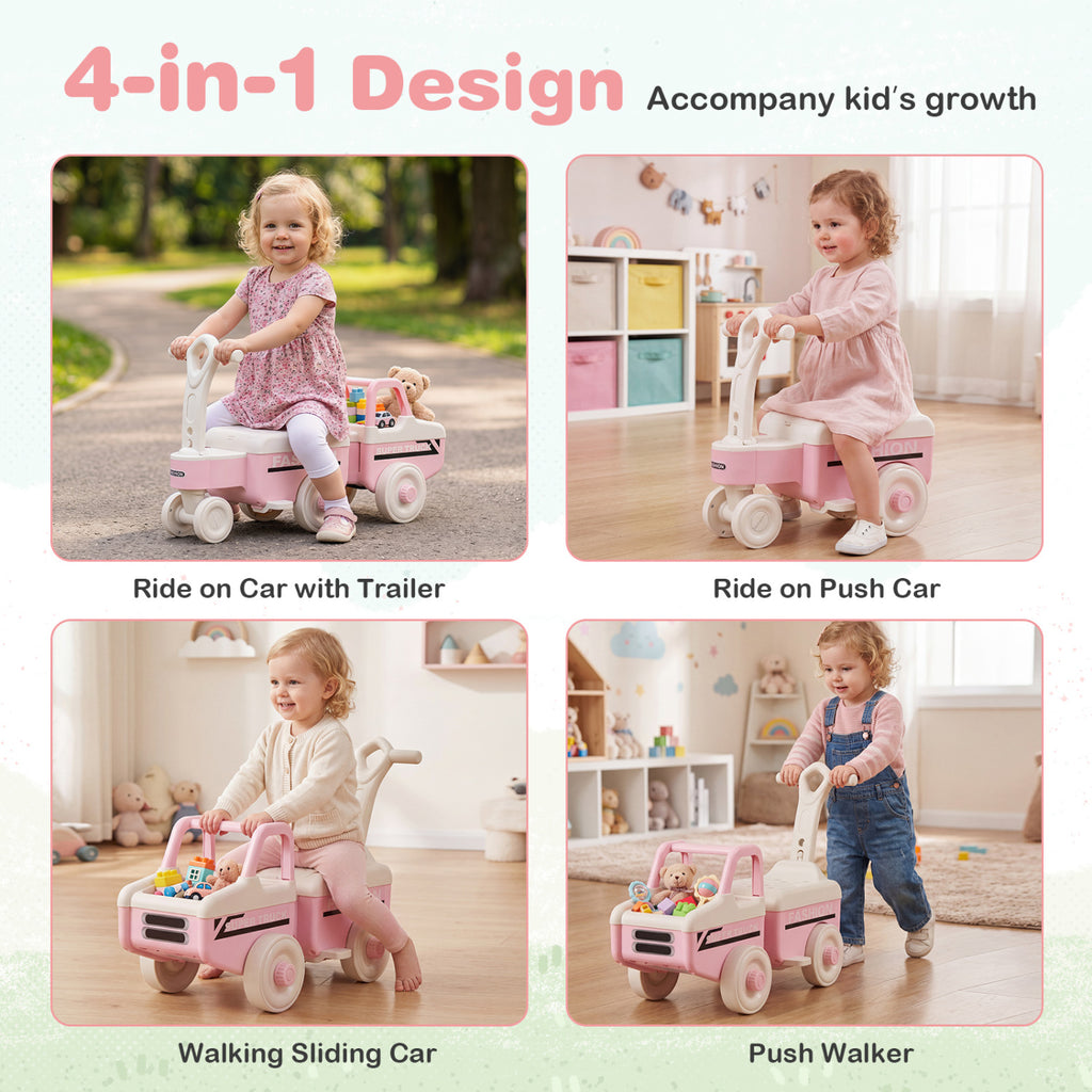 4 in 1 Ride on Push Car with Music and Under-Seat Storage for Boys Girls-Pink